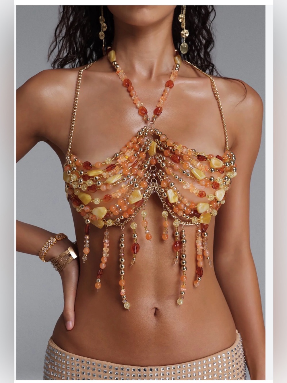 Beaded Fringe Halter Top in Amber Orange - Brand: